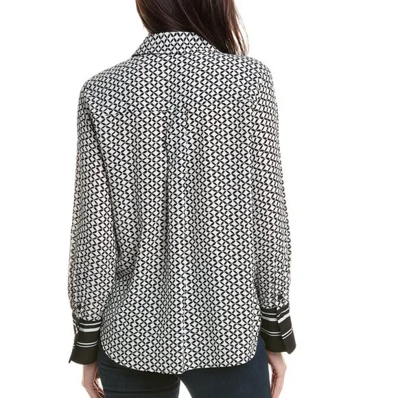 VINCE CAMUTO GEOMETRIC PRINT STRIPE TRIM BLOUSE - Picture 7 of 16